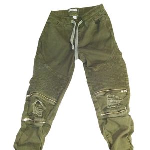 🟪 Revamped Denim distress army green joggers with ruching & multiple zippers